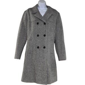 Jonathan Michaels Vintage Double-Breasted Wool Coat Herringbone Black Gray Sz 12